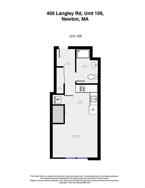 Floor plan for studio, 1 bath